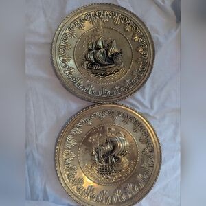 2 English Brass Decorative Wall Plates Ship Different Matching Design